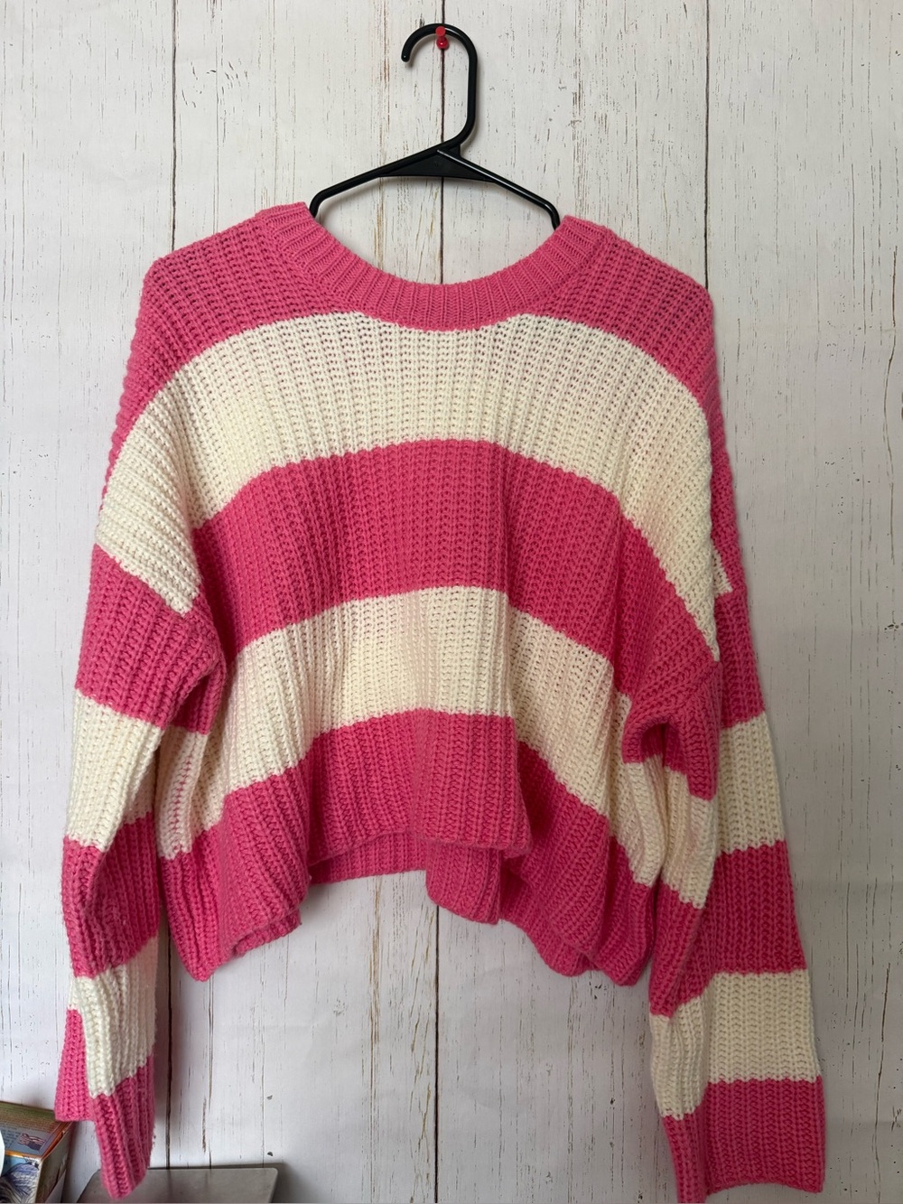Large Jessica Simpson pink and Cream Striped Cropped Knit Sweater